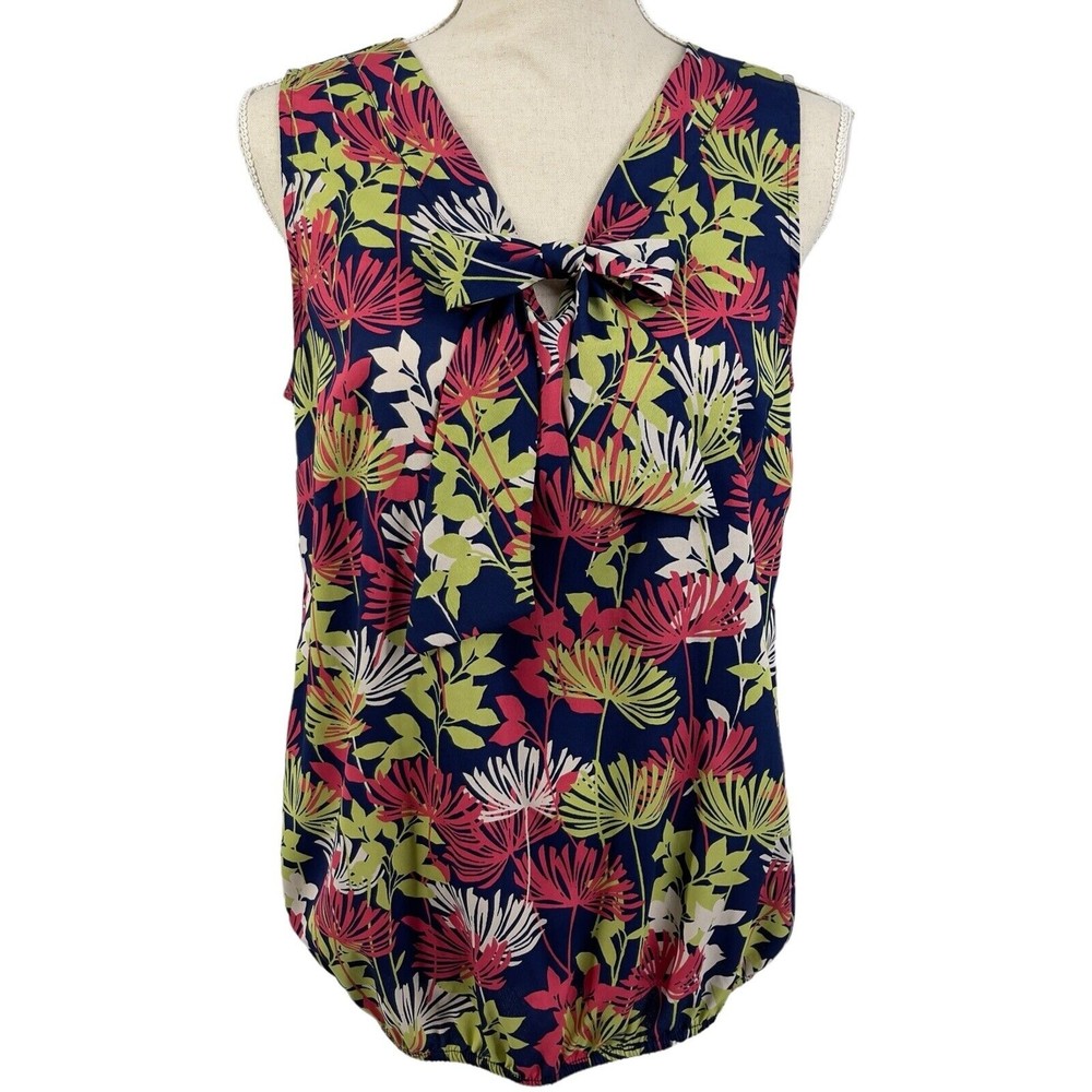 Banana Republic Sleeveless Blue Tropical Print V Cut Tie Neck Top Womens Medium